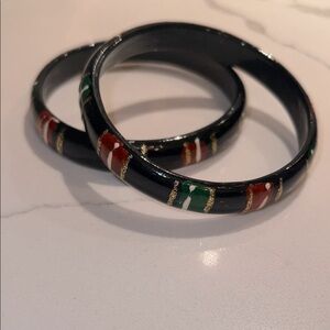 2 Black Ceramic Glass Handpainted Bangle Bracelets